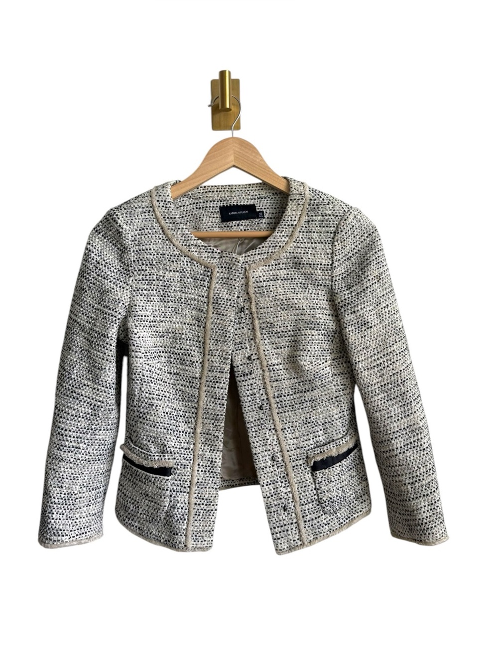 Karen Millen Women's Cropped Tweed Blazer Jacket Black Tan Size 4